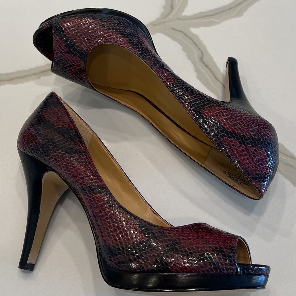 Nine West Danee Snake Skin Peeptoe Pumps in Black Cherry